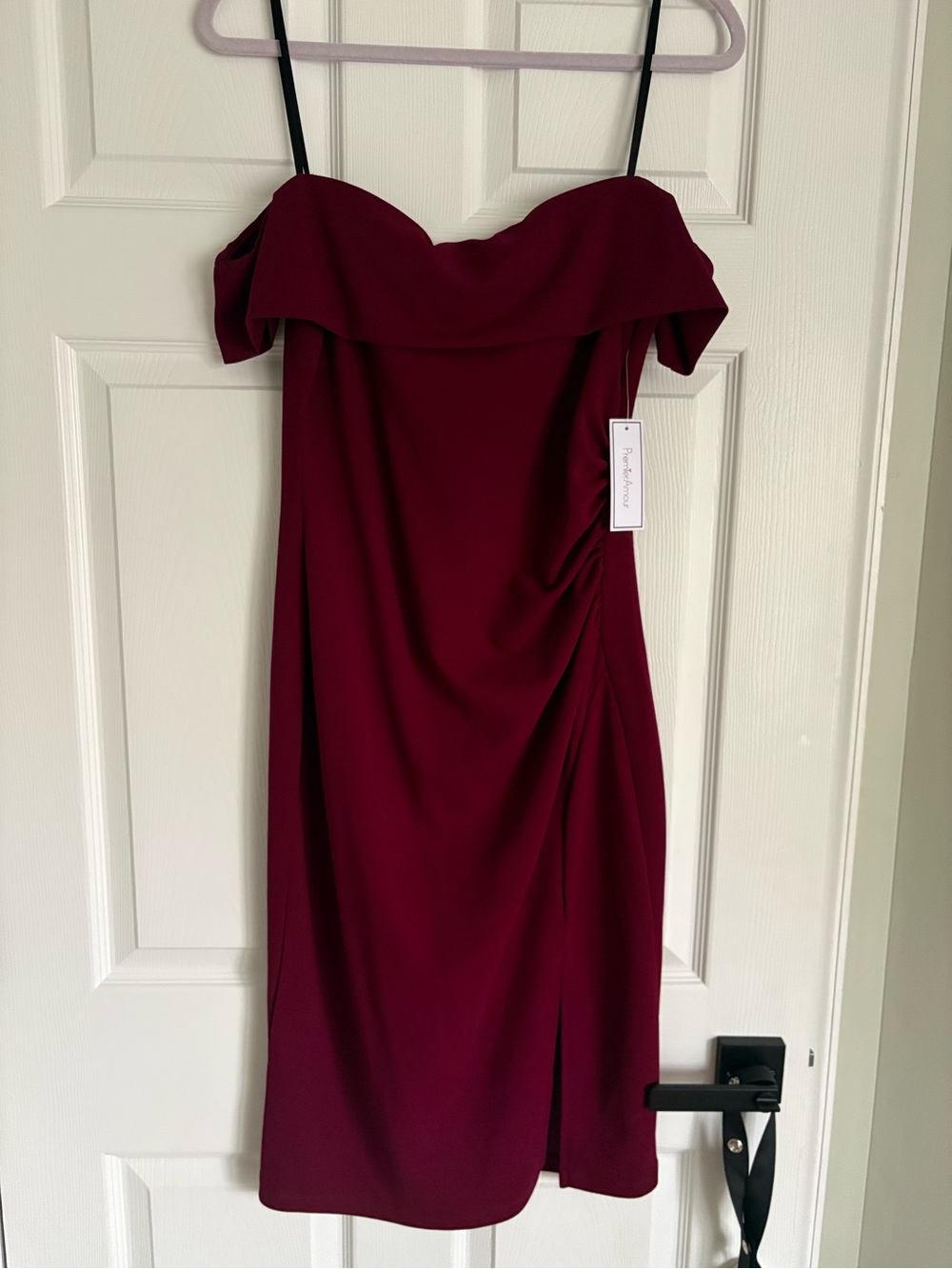 Off-Shoulder Burgundy Midi Dress with Side Ruching